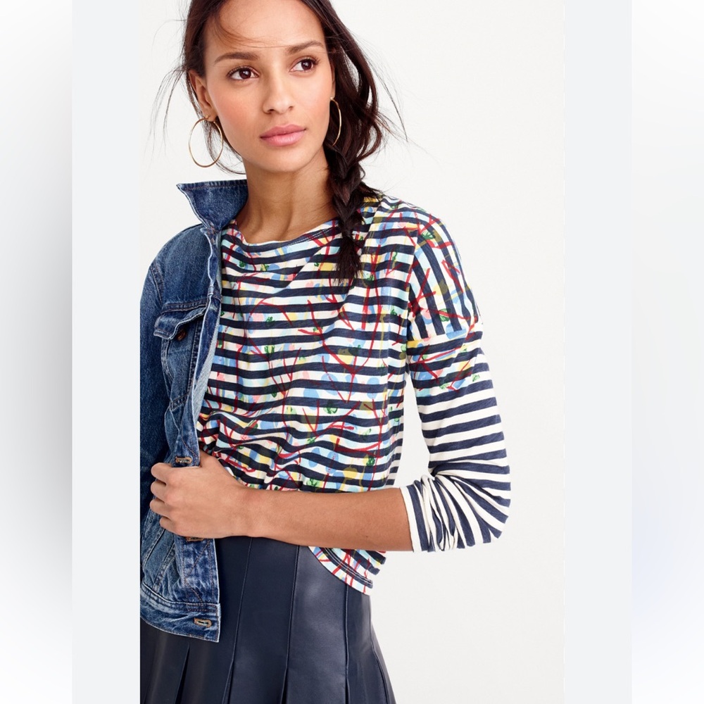 J Crew Michael De Feo Striped T-shirt Blue Floral Cotton Long Sleeve W1765 Sz XS